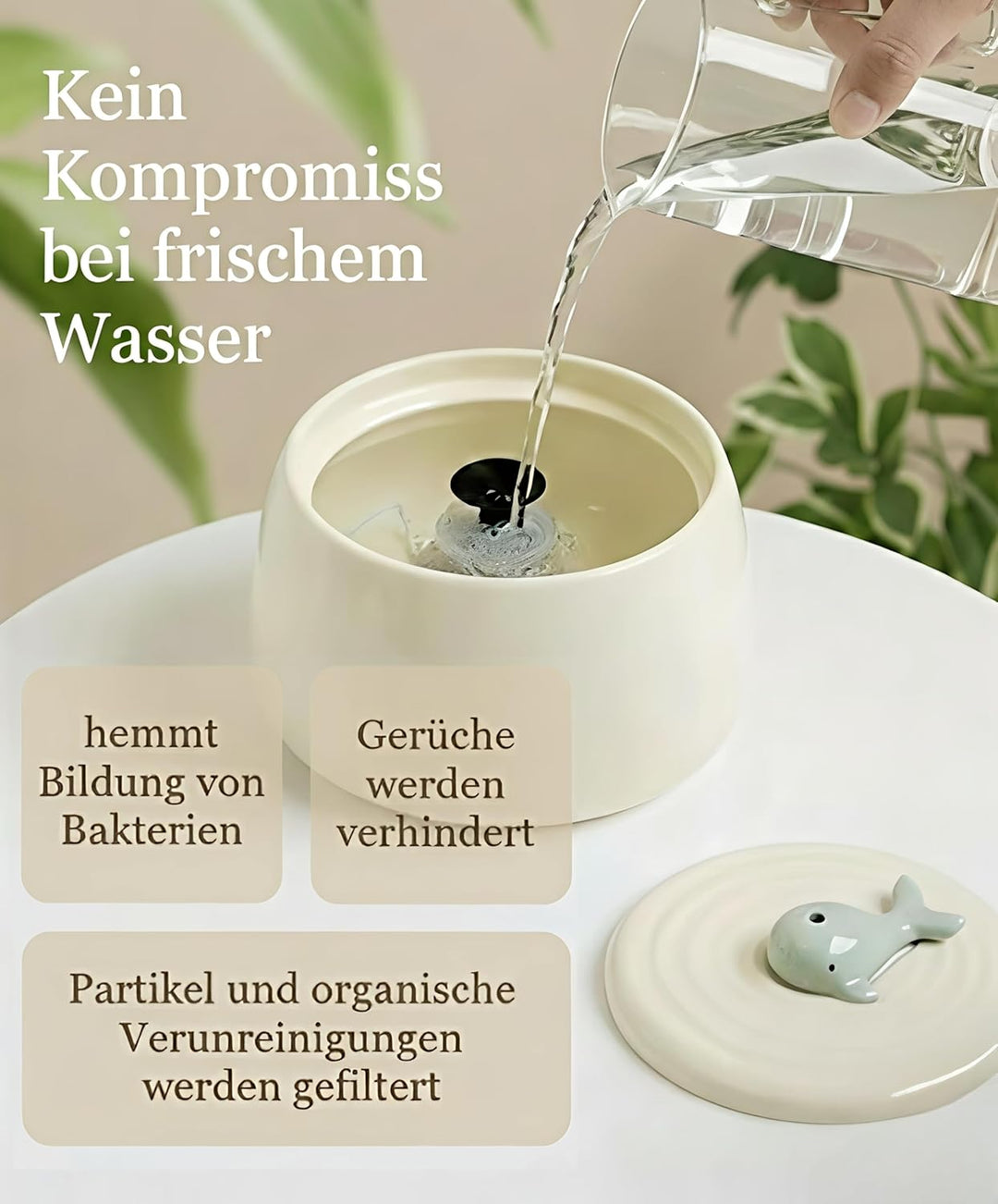 Katzenbrunnen Keramik Set mit Futternapf & 3-Fach Wasserfiltersystem – 1,3L Wasserspender mit Modern