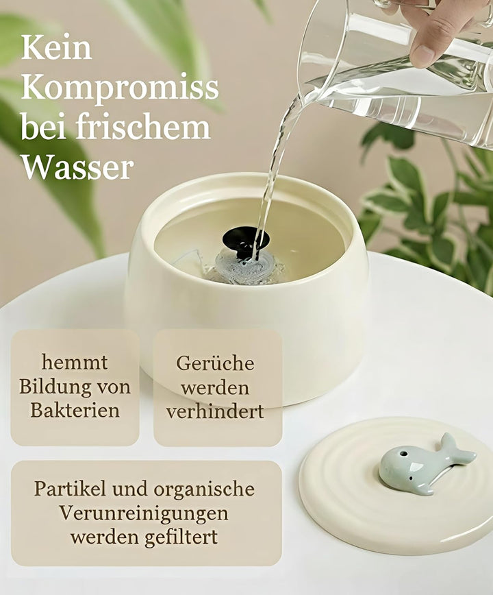 Katzenbrunnen Keramik Set mit Futternapf & 3-Fach Wasserfiltersystem – 1,3L Wasserspender mit Modern