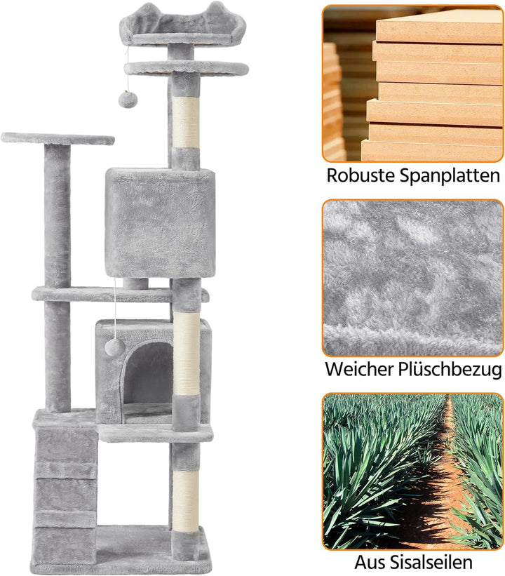 Yaheetech 178 cm Kratzbaum gross Stabiler Katzenbaum mit 2 Höhlen hellgrau | FSC-zertifizierte Spanp