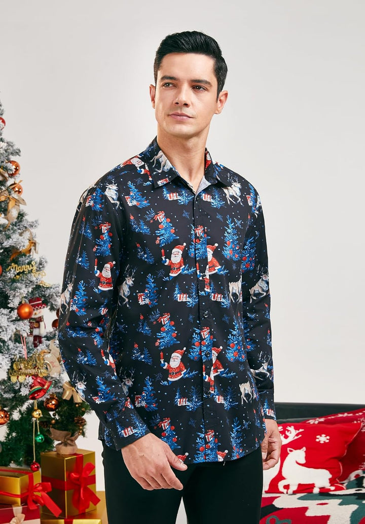 HISDERN Weihnachtshemden für Herren, langärmelig, Button-Down-Shirt, Urlaub, lustige Weihnachts-Shir