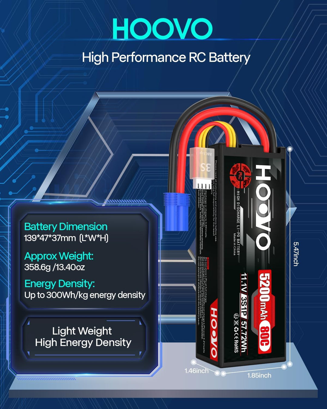 HOOVO 11,1V Lipo Akku 3S 5200mAh 80C HardCase RC Akku Battrien mit EC5 Anschlussstecker für RC Scale