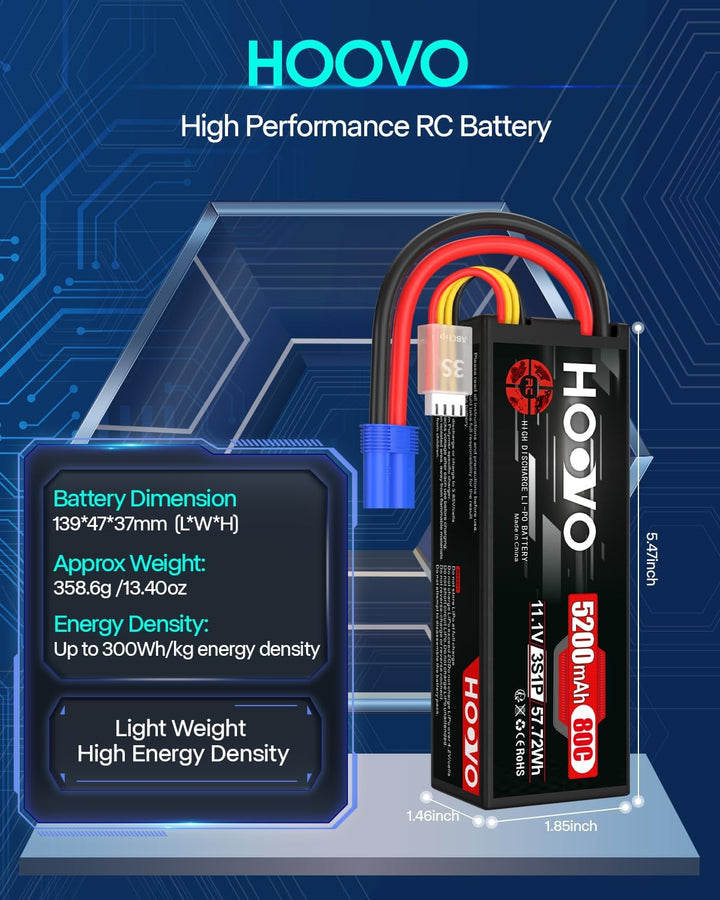 HOOVO 11,1V Lipo Akku 3S 5200mAh 80C HardCase RC Akku Battrien mit EC5 Anschlussstecker für RC Scale