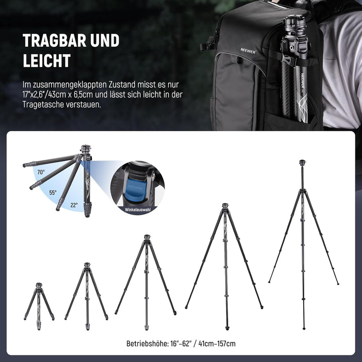 NEEWER LITETRIP LT32 62" Reisestativ aus Kohlefaser mit ±15° nivellierbar 360° Panoramakopf abnehmba