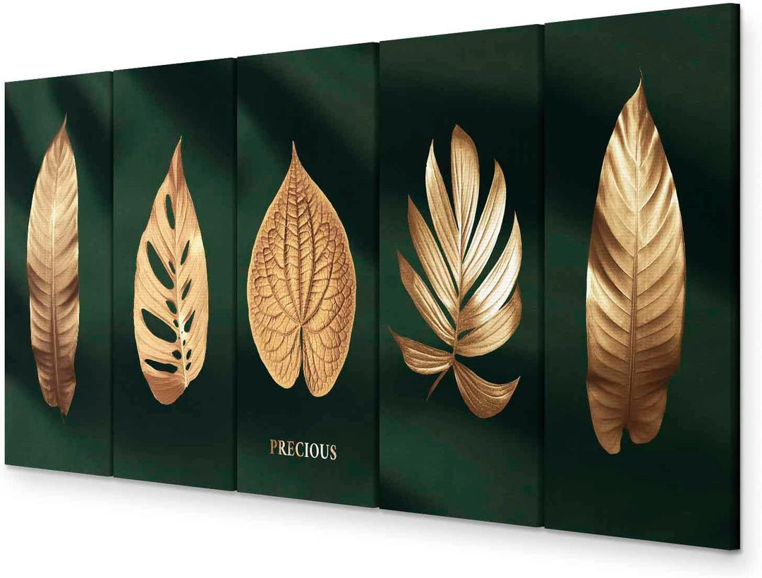 murando - Bilder goldene Blätter 150x60 cm Vlies Leinwandbild 5 Teilig Kunstdruck modern Wandbilder