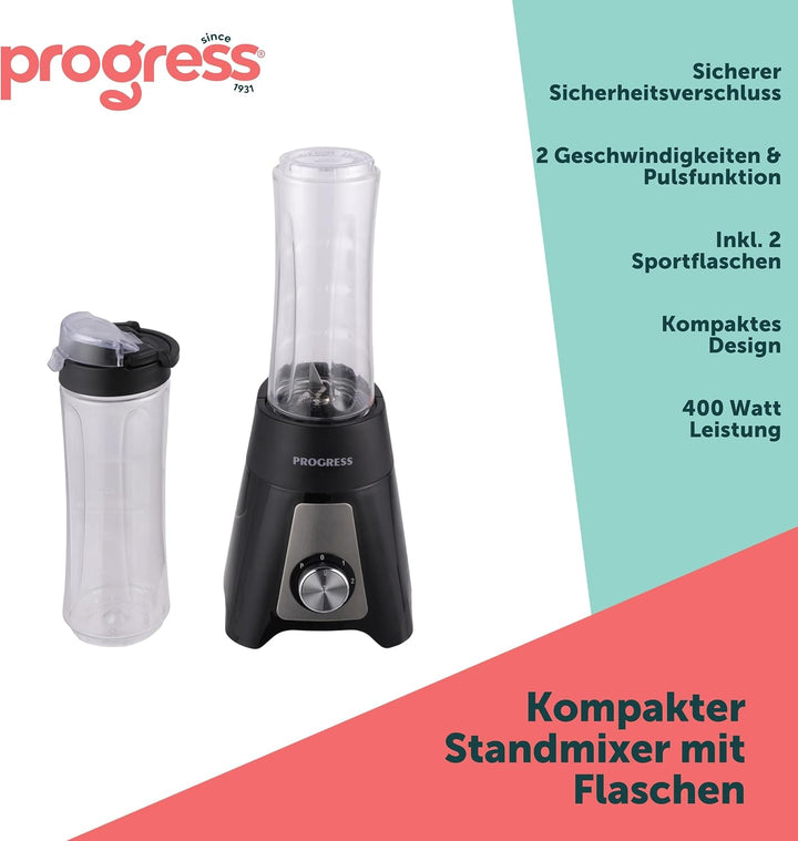 Progress kompakter Smoothie-Mixer, elektrischer Standmixer, ideal für Shakes, Säfte, 2 tragbare Spor