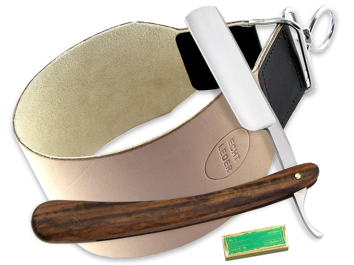Solingen Schärf Paste im Rasiermesser Set mit extra breitem Leder Streichriemen und Holz Griff Rasie