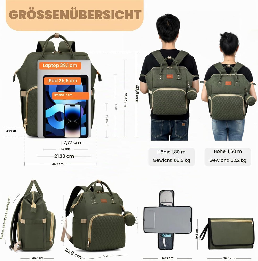 Wickelrucksack Gross - Baby Wickeltasche Rucksack Wasserdicht & Leicht mit Wickelunterlage, Schnulle