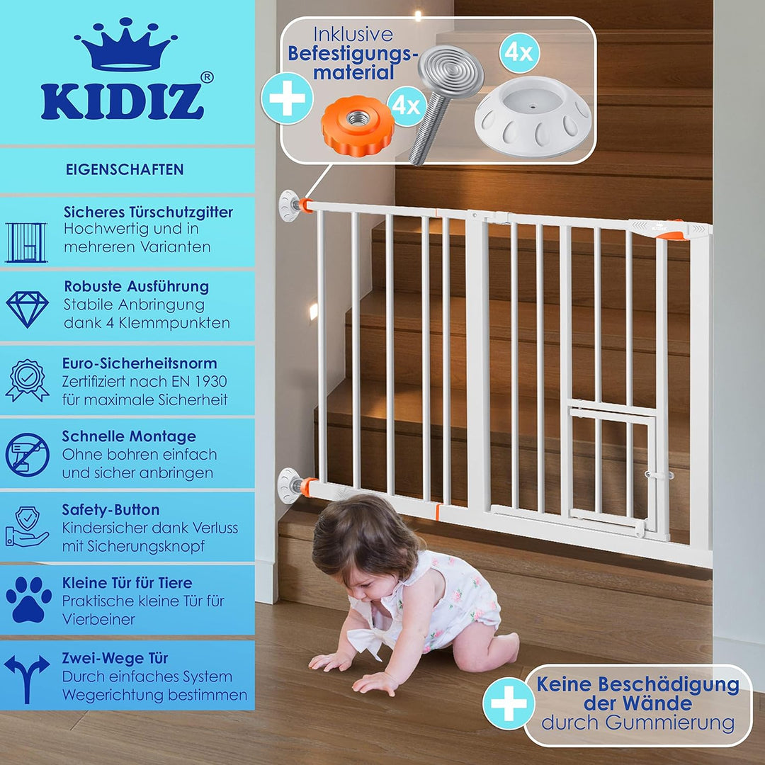 KIDIZ® Türschutzgitter Absperrgitter Treppengitter Kindergitter | mit Türe für Hunde und Katzen, Hau