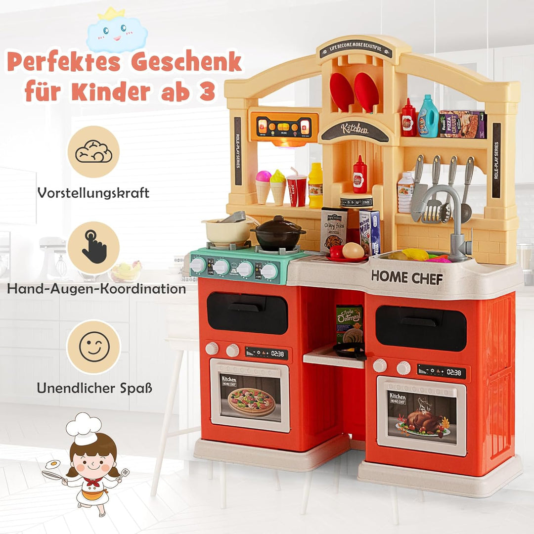 DREAMADE Kinderküche mit 42 TLG. Zubehör, Kinderspielküche mit Licht und Sound, Dampf, Wasser, Spüle