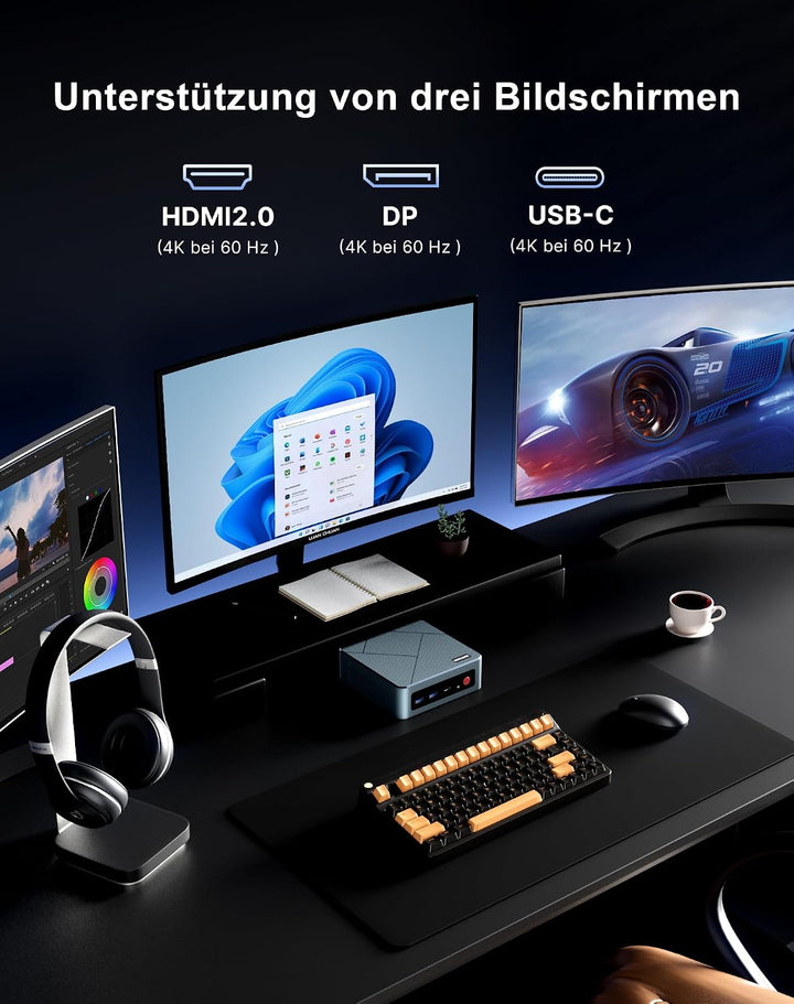 A3 Mini-PC Performance Ryzen 7 (4,9 GHz), 32 GB DDR5 Speicher, 1 TB SSD, 4 Bildschirme, perfekt für