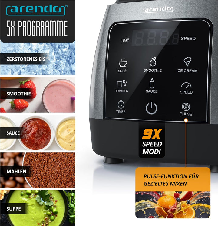 Arendo – 2000 Watt Hochleistungsmixer - 24.000 U/min - Standmixer mit Touchpanel – 9 Geschwindigkeit