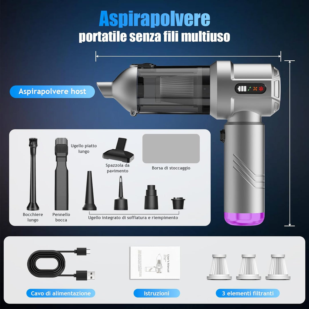Handstaubsauger, 25000Pa Akkustaubsauger Stark, 4 in 1 Tragbar Akkustaubsauger mit Automatischer Ent