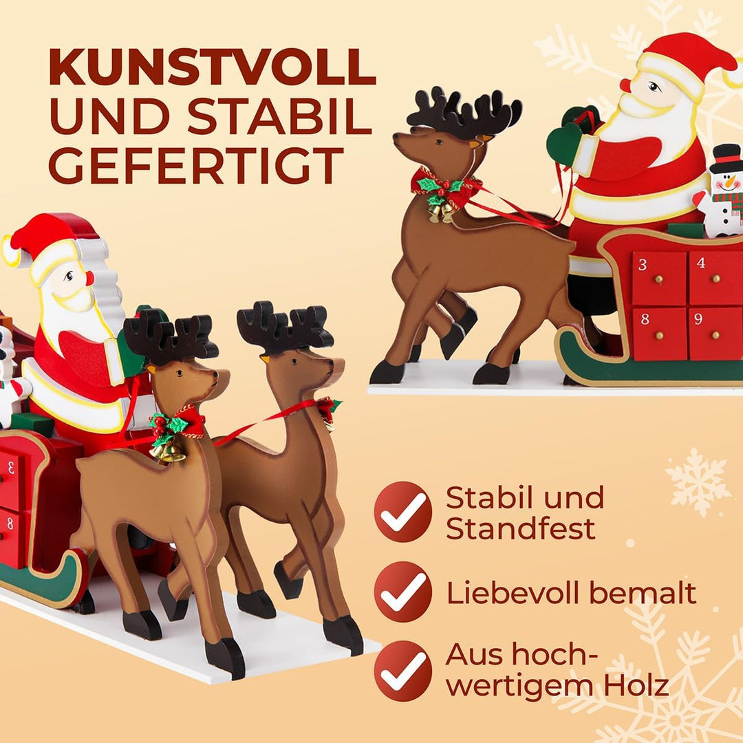 Spielwerk® Wiederverwendbarer Adventskalender Schlitten zum Befüllen 24 Türchen Bunt Bemalt Weihnach