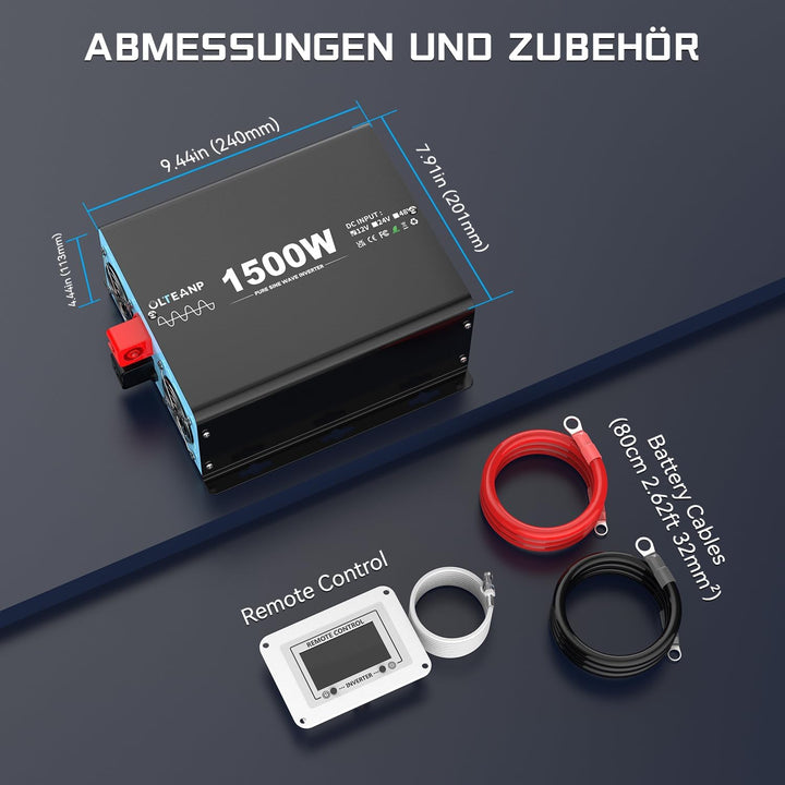 1500W Wechselrichter Reiner Sinus 12V auf 230V KFZ Spannungswandler mit LCD-Bildschirm-Fernbedienung