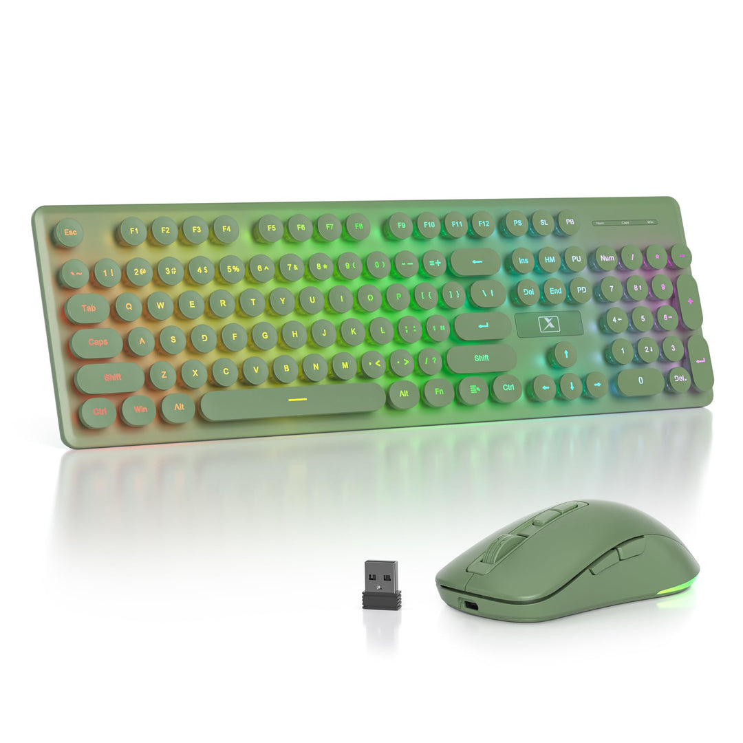 SOLIDEE Beleuchtetes Kabellose Tastatur und Maus Set, 2.4 GHz Wiederaufladbar, Grüne Retro Schreibma