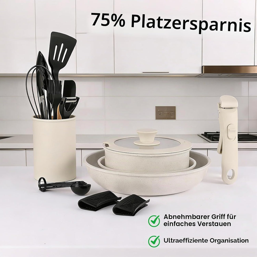 19-Piece Cream White Ceramic Cookware Set with Removable Handles – Non-Stick Frying Pan &amp; Induction