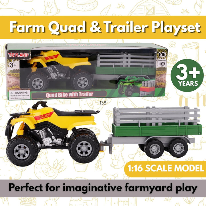 Toyland® Farm Quad &amp; Trailer Spielset - Massstab 1:16 - Freilaufaktion - Jungen Farmspielzeug (Gelb)