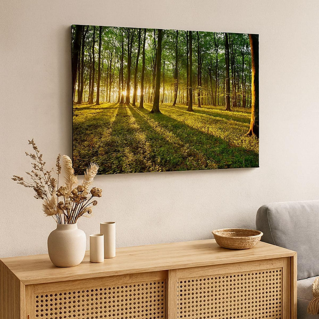 Bilder auf Leinwand 100x70cm Leinwandbild Wald grün Sonnenstrahlen Natur Gross Wanddeko Bild Schlafz