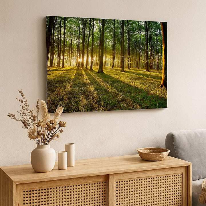 Bilder auf Leinwand 100x70cm Leinwandbild Wald grün Sonnenstrahlen Natur Gross Wanddeko Bild Schlafz
