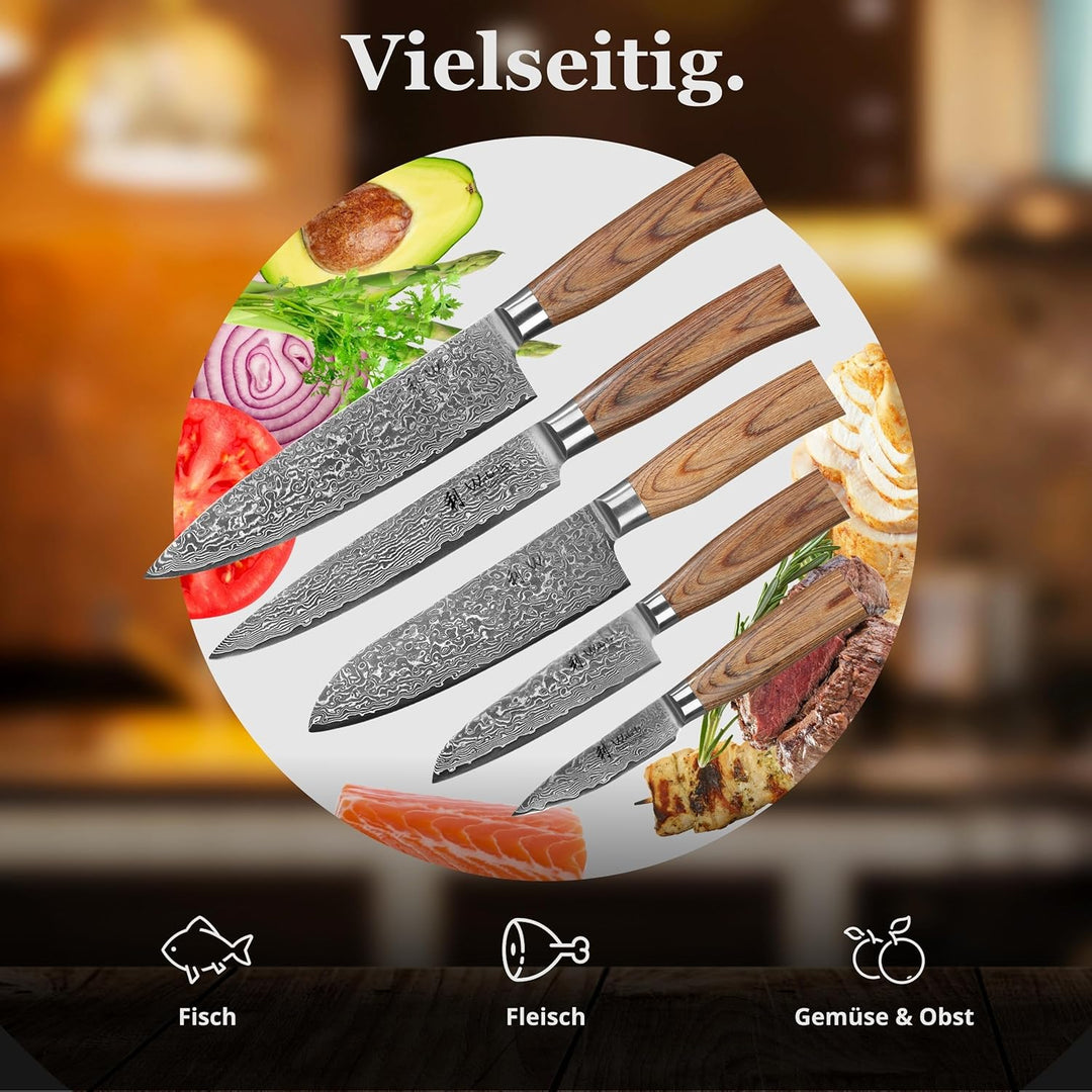 Wakoli EDIB Pro Premium 5er Damastmesser-Set mit Messerblock I 8-20 cm Klingen gefertigt aus 67 Lage