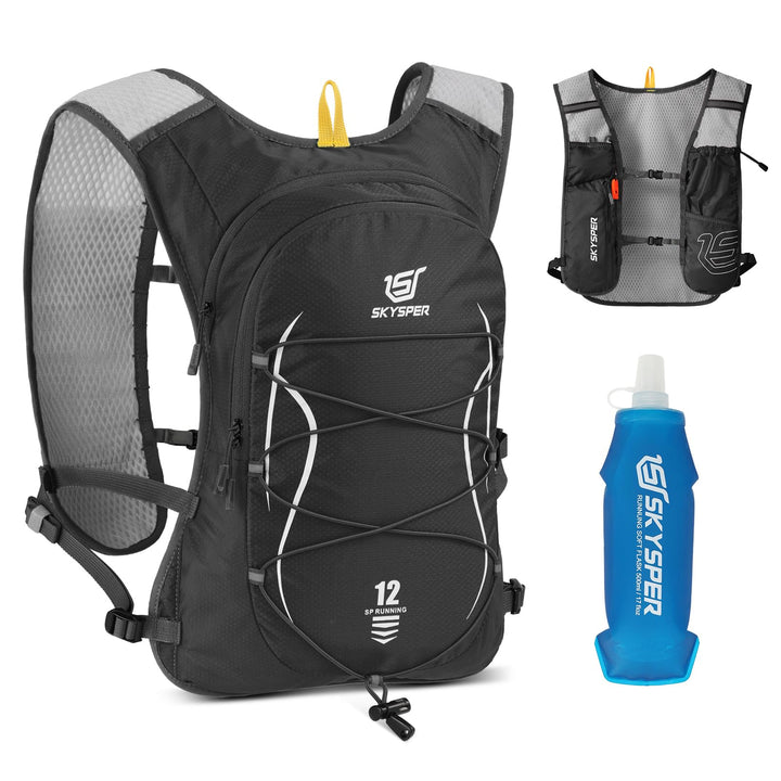 SKYSPER Laufweste für Damen Herren 12L Laufrucksack mit 500ml Trinkflasche Reflektierende Trinkweste