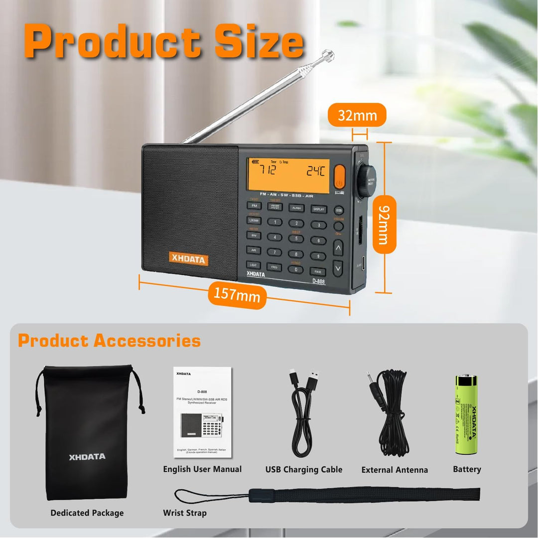 XHDATA D-808 Tragbares Digitales Radio UKW-Stereo/KW/MW/LW SSB RDS Air Band Multi-Band-Radio Lautspr