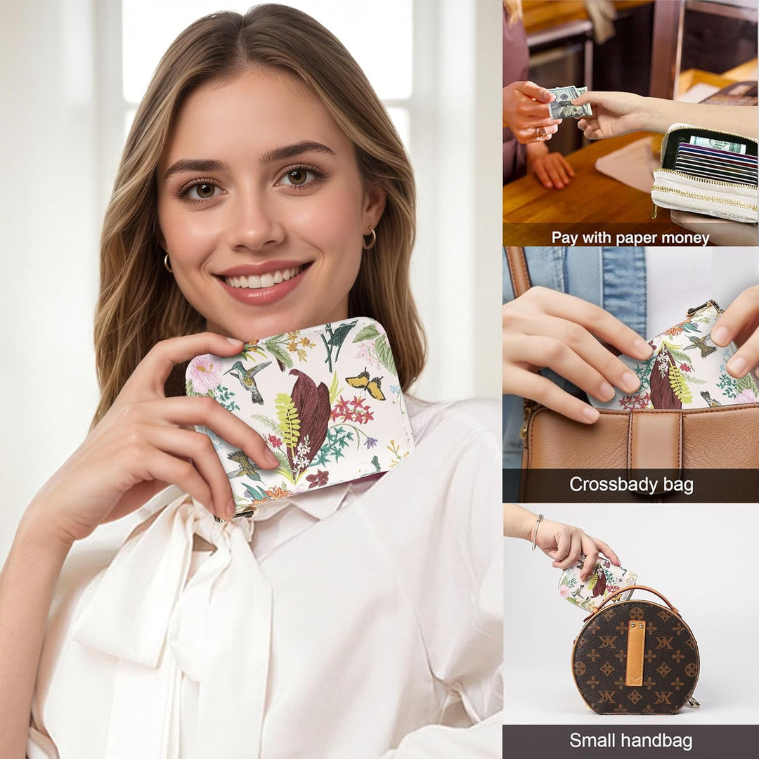 Kreditkartenetui für Damen, kleine Dual Layer Akkordeon Karten Geldbörse mit Blumendruck und grosser