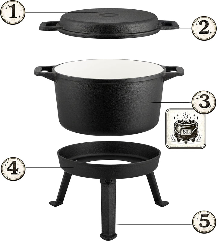 Berdsen Gusseisen Topf 8 L Dutch Oven - Emailierter Feuertopf für Lagerfeuer und Grill - 2-in-1 Deck