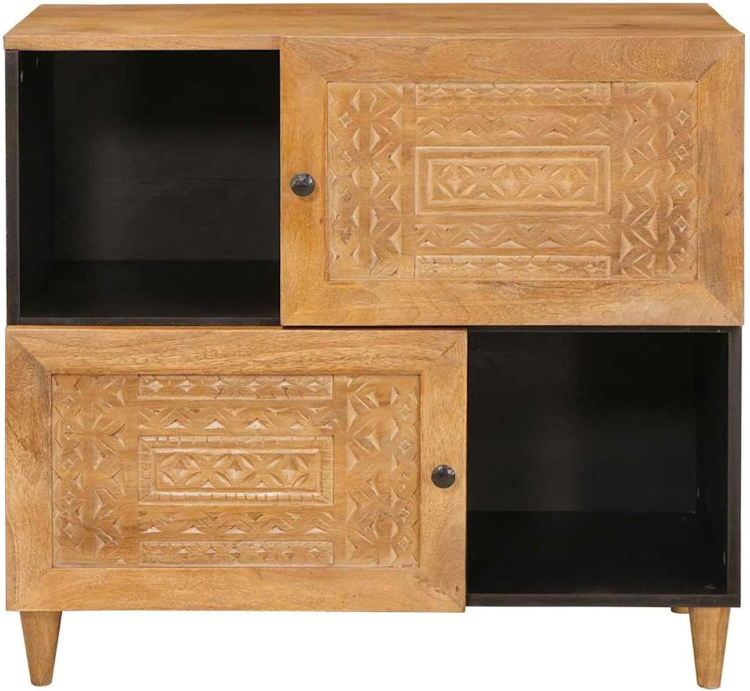 Homgoday Sideboard Hellbraun aus Massivholz Mango 33,5 x 80 x 75 cm, 2 Türen, für Wohnzimmer und mod