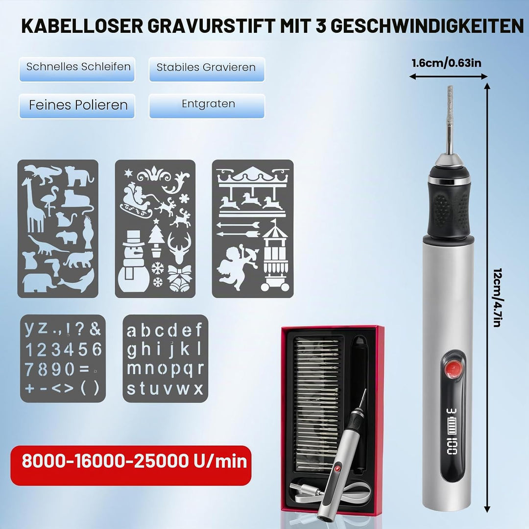 Elektrischer Gravierstift mit 30 Bit, multifunktionales Gravurwerkzeug, 3 Geschwindigkeitsstufen, tr