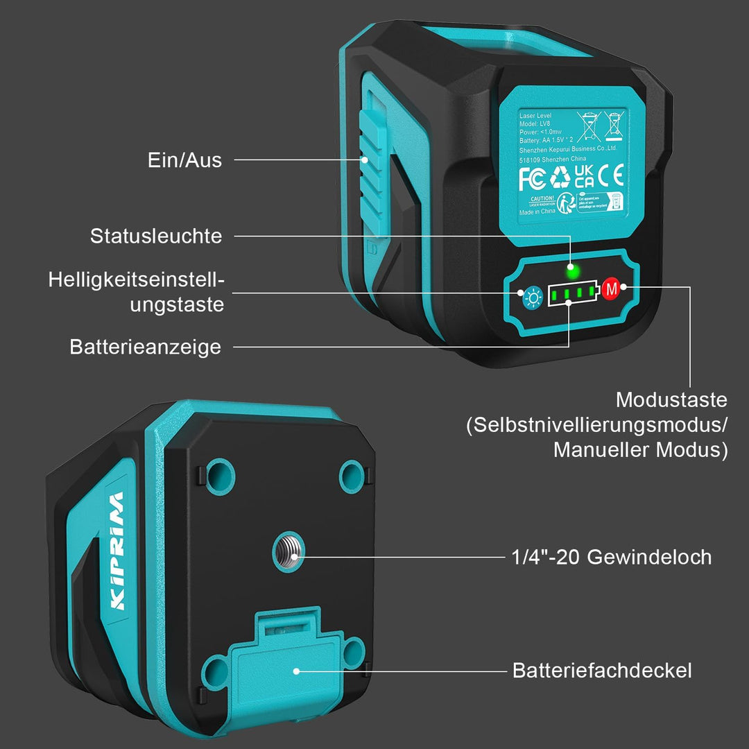 Kiprim Grüner Kreuzlinienlaser LV8 mit Verbesserter Sichtbarkeit, Einstellbarer Helligkeit,Manuellem