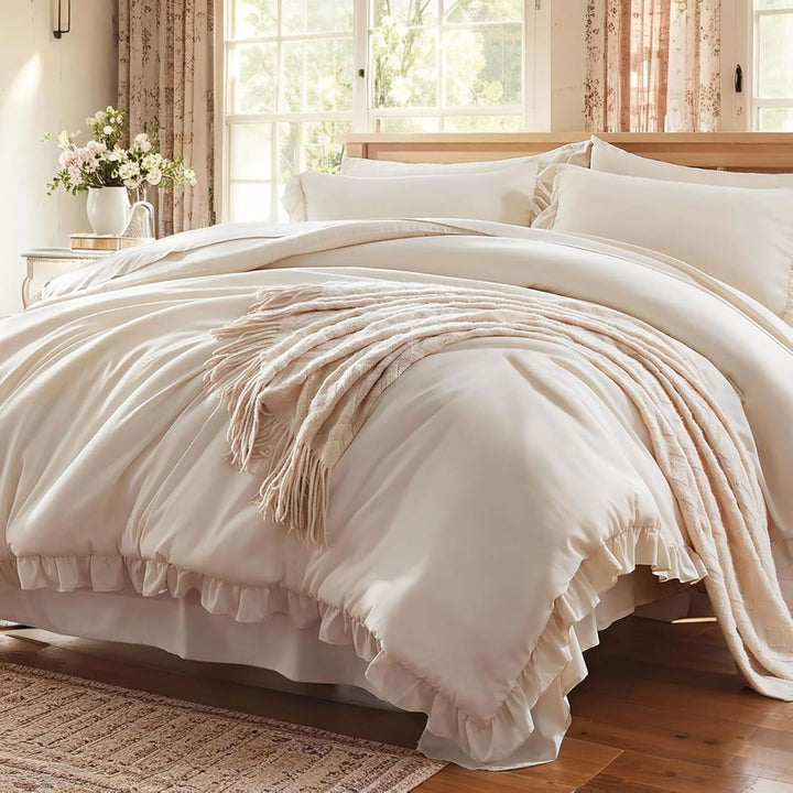 Freyamy Bettwäsche 155x220cm 2teilig Beige Rüschen Romantisch Mädchen Bettwäsche Uni Plisseefalten C
