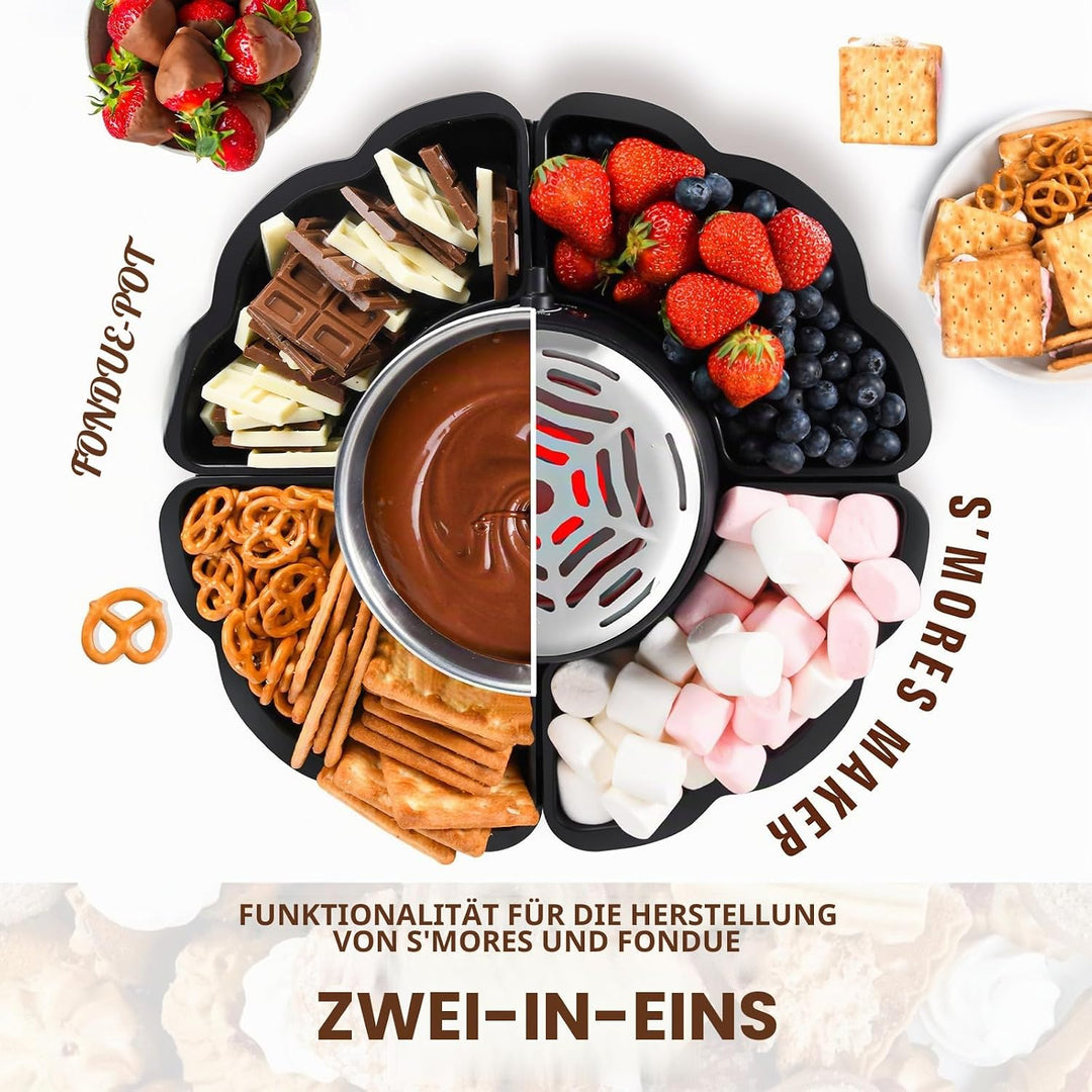 Schokoladenfondue, 2-in-1 Schokofondue Elektrisch & S’mores-Maker, Tischgerät für Innen mit 4 Röster