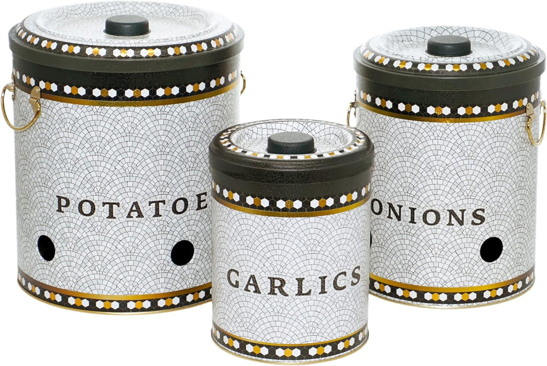 Lashuma Kartoffel Behälter Set, Grosse Knoblauchdose mit Deckel, Zwiebelbox Küche rund 22 cm Mosaik,