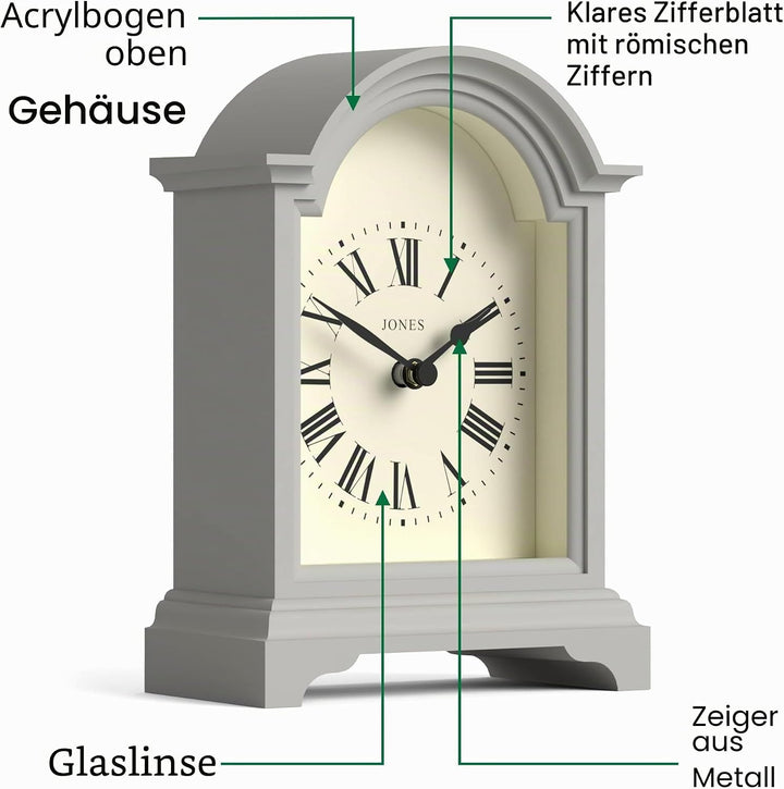 JONES CLOCKS® Bistro kaminuhr | Klassisches Design Einer kutschenuhr mit gebogenem Bogen | Grau | Ze