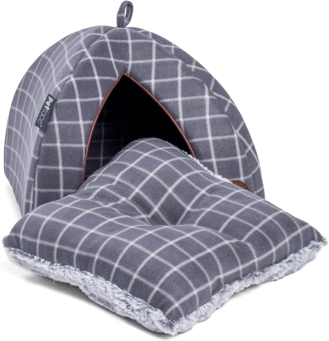 Petface Graues Iglu-Körbchen aus Fleece mit Karos Fensterscheibe Karo Grau, Fensterscheibe Karo Grau