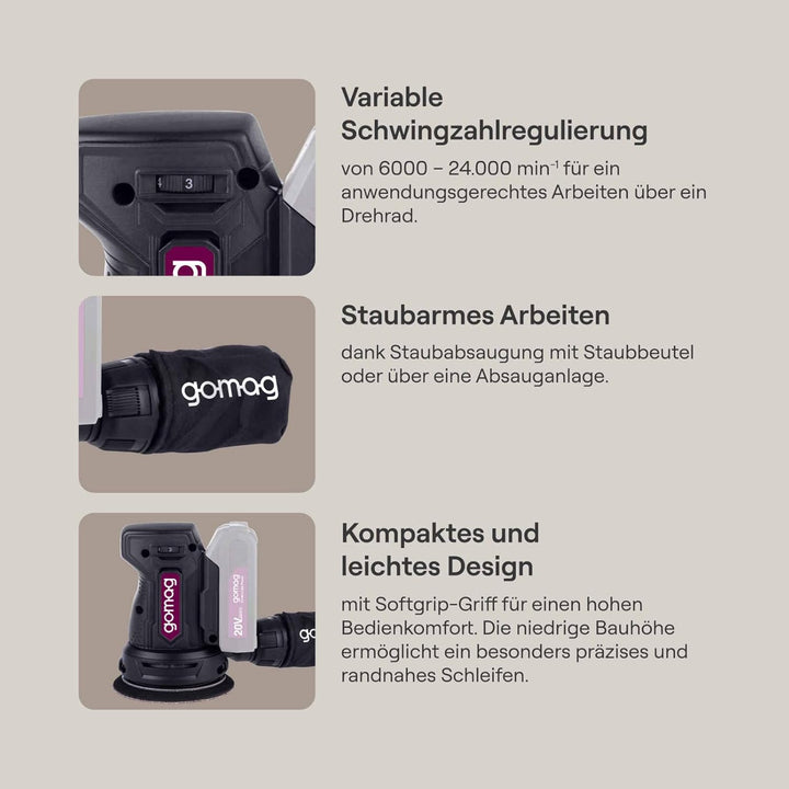 Gomag Akku-Exzenterschleifer GO-EXS125 Set S 20V | Schleifblatt Ø 125 mm | Softstart | Schwingzahlre