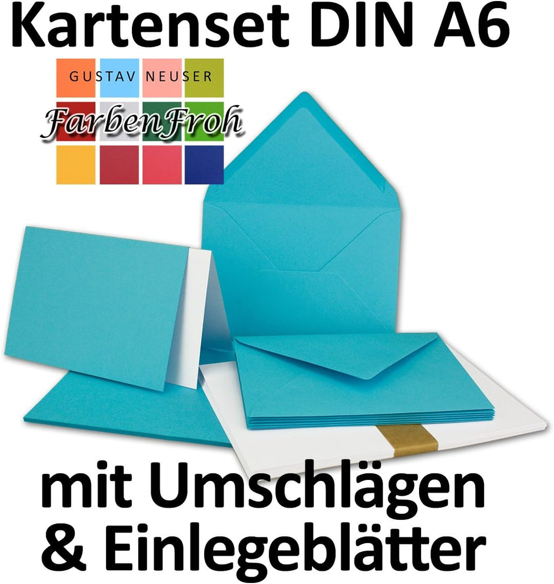 50x Faltkarten Set DIN A6/C6 mit Brief-Umschlägen in Türkis - inklusive Einleger - 14,8 x 10,5 cm -