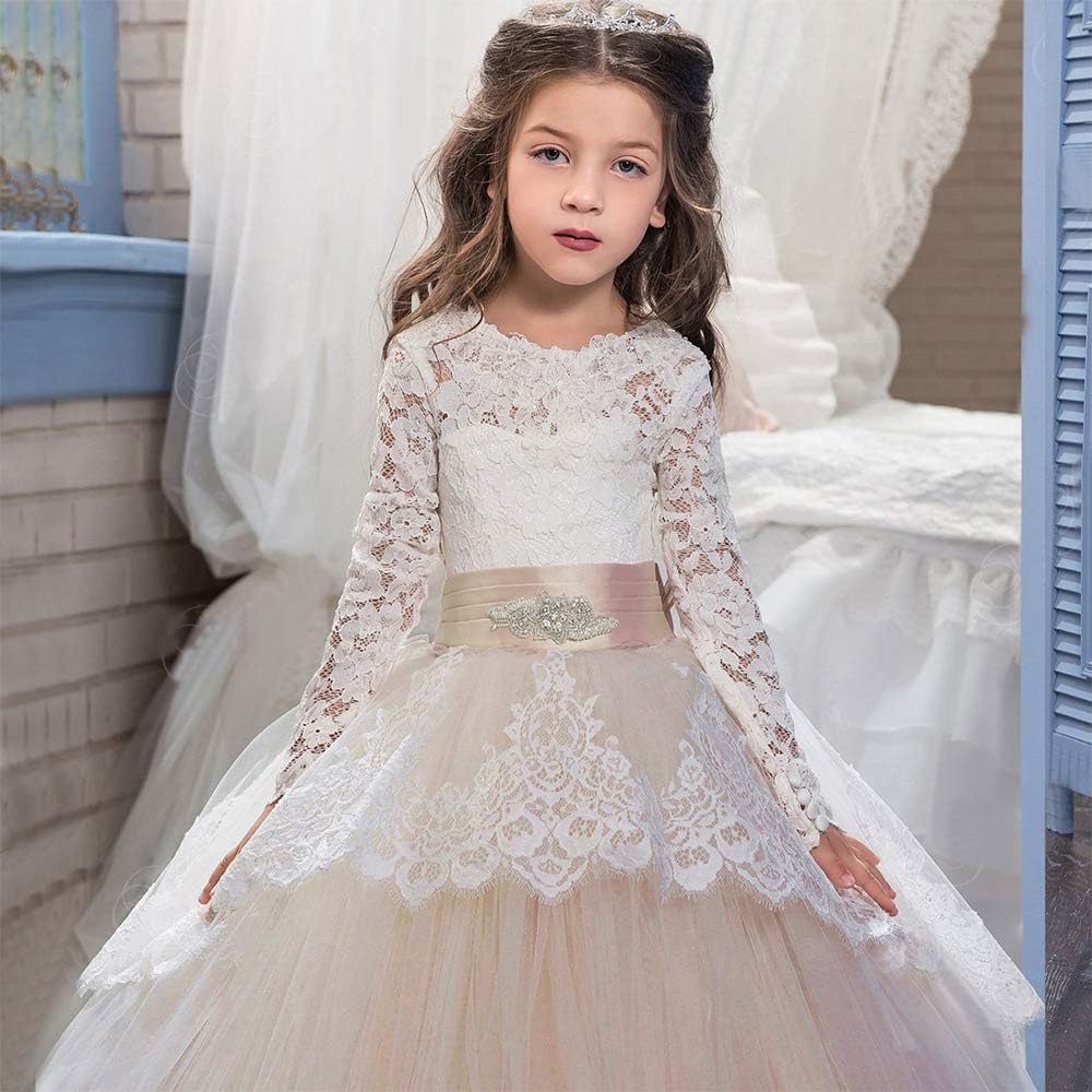 PLWEDDING Spitze Lange Ärmel Blumenmädchen Kleid Prinzessin Tüll Kleid für Kinder Erstkommunion Klei