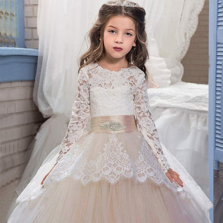 PLWEDDING Spitze Lange Ärmel Blumenmädchen Kleid Prinzessin Tüll Kleid für Kinder Erstkommunion Klei