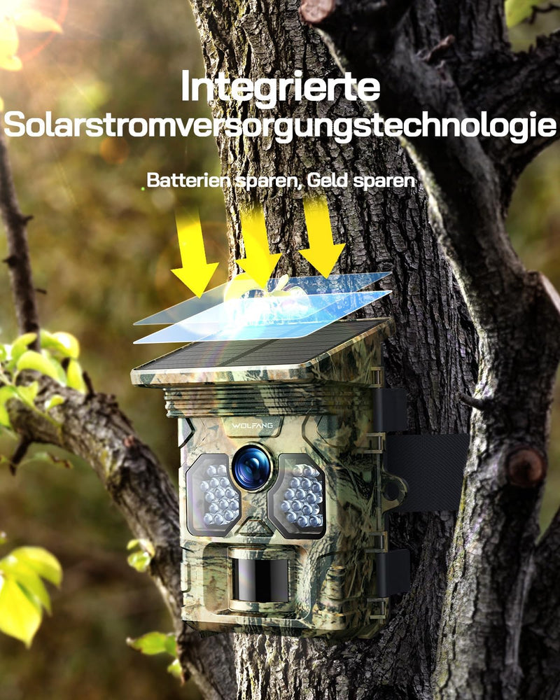 WOLFANG Solar Wildkamera 4K 48MP, Jagdkamera mit hervorragender Nachtsicht, Duale Stromversorgung, 0