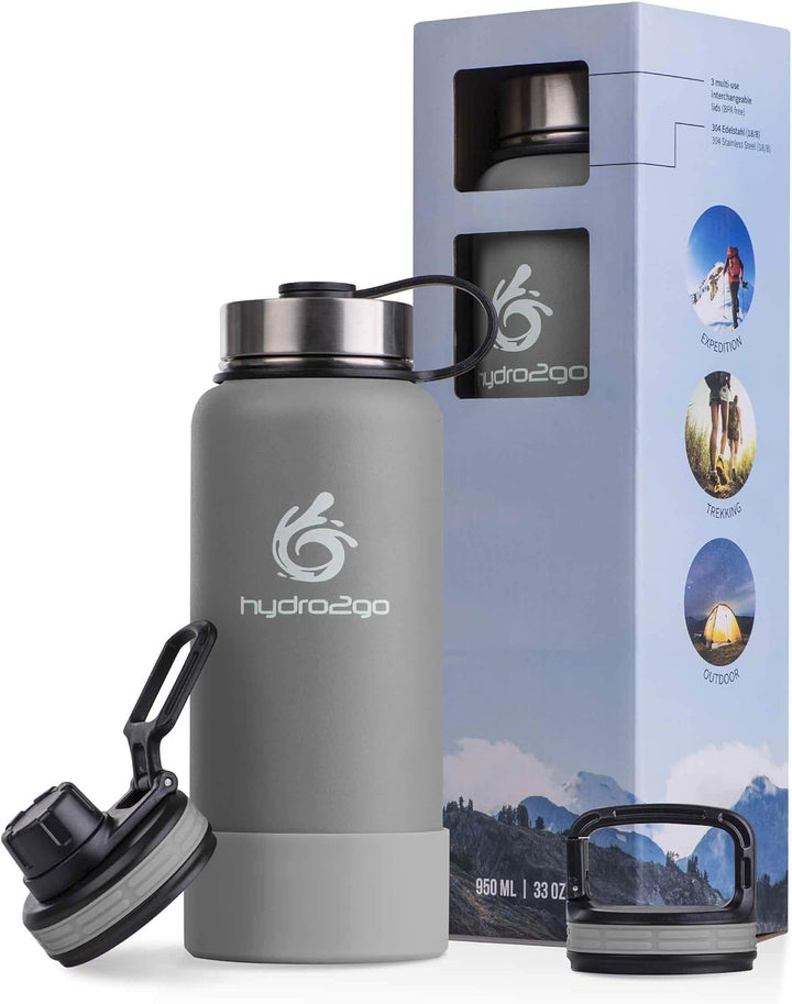 hydro2go ® Edelstahl Trinkflasche X-AlpsBottle - 1000ml / 1l | vakuumisolierte Thermosflasche + 3 Tr