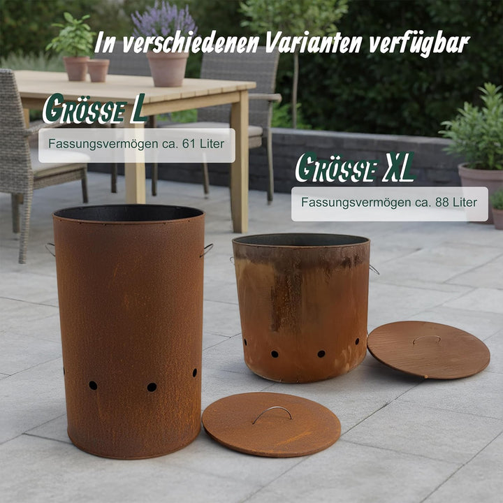 Relaxdays Feuertonne, Cortenstahl, Rostoptik, HxD: 60 x 38,5 cm, Industrial Feuerschale mit Deckel,