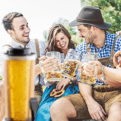 Relaxdays Biersäule, 2,5 l, 20 Bierbecher, Biertower mit Kühlung & Zapfhahn, Kunststoff, Getränkespe