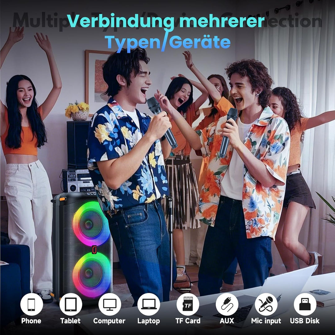 Karaoke Maschine, Tragbarer Bluetooth-Lautsprecher mit 2 drahtlosen Mikrofonen für Erwachsene, Karao