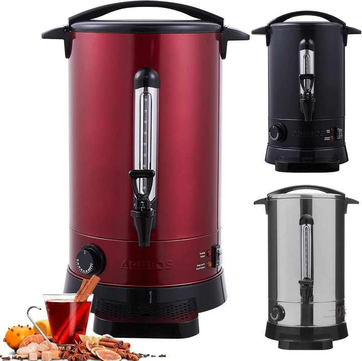 Arebos Glühweinkocher 1650 W | Heissgetränkespender | 20 L | mit Auffangschale, Auslasshahn, Thermos