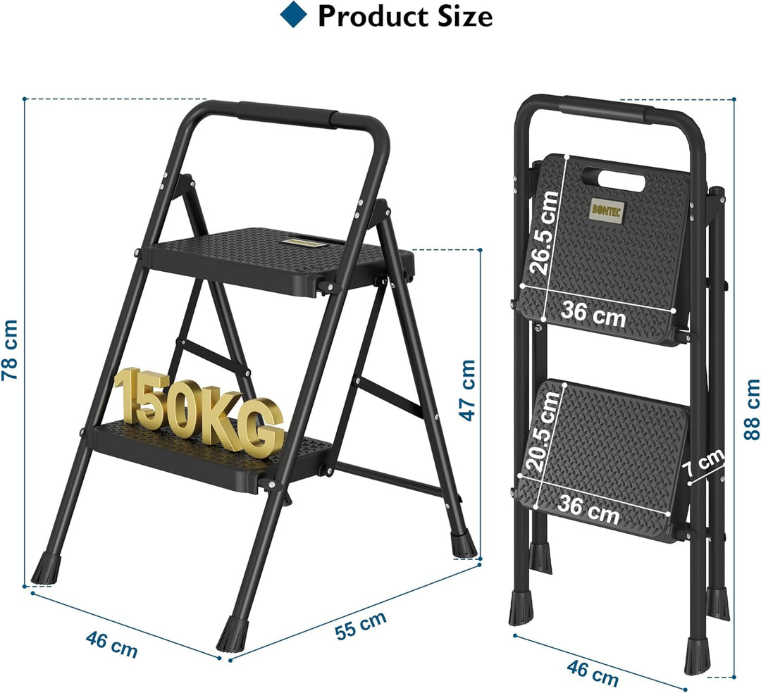 BONTEC Trittleiter 2 Stufen Klappbar, 272kg-600lbs Kapazität mit Breiten Anti-Rutsch-Pedalen, Faltba