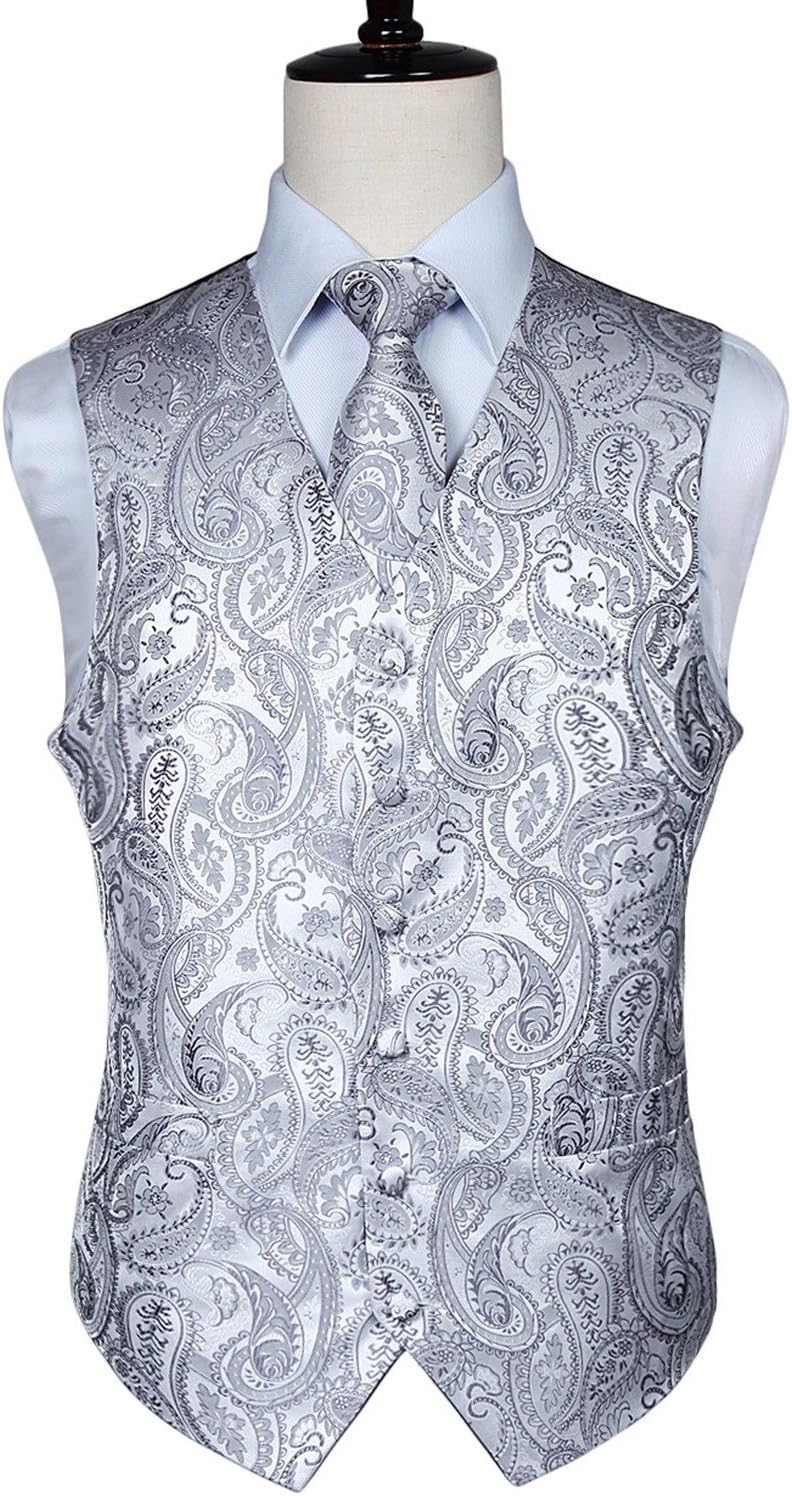HISDERN Herren FLoral Hochzeit Weste Krawatte Einstecktuch Taschentuch Jacquard Weste Anzug Set XS G