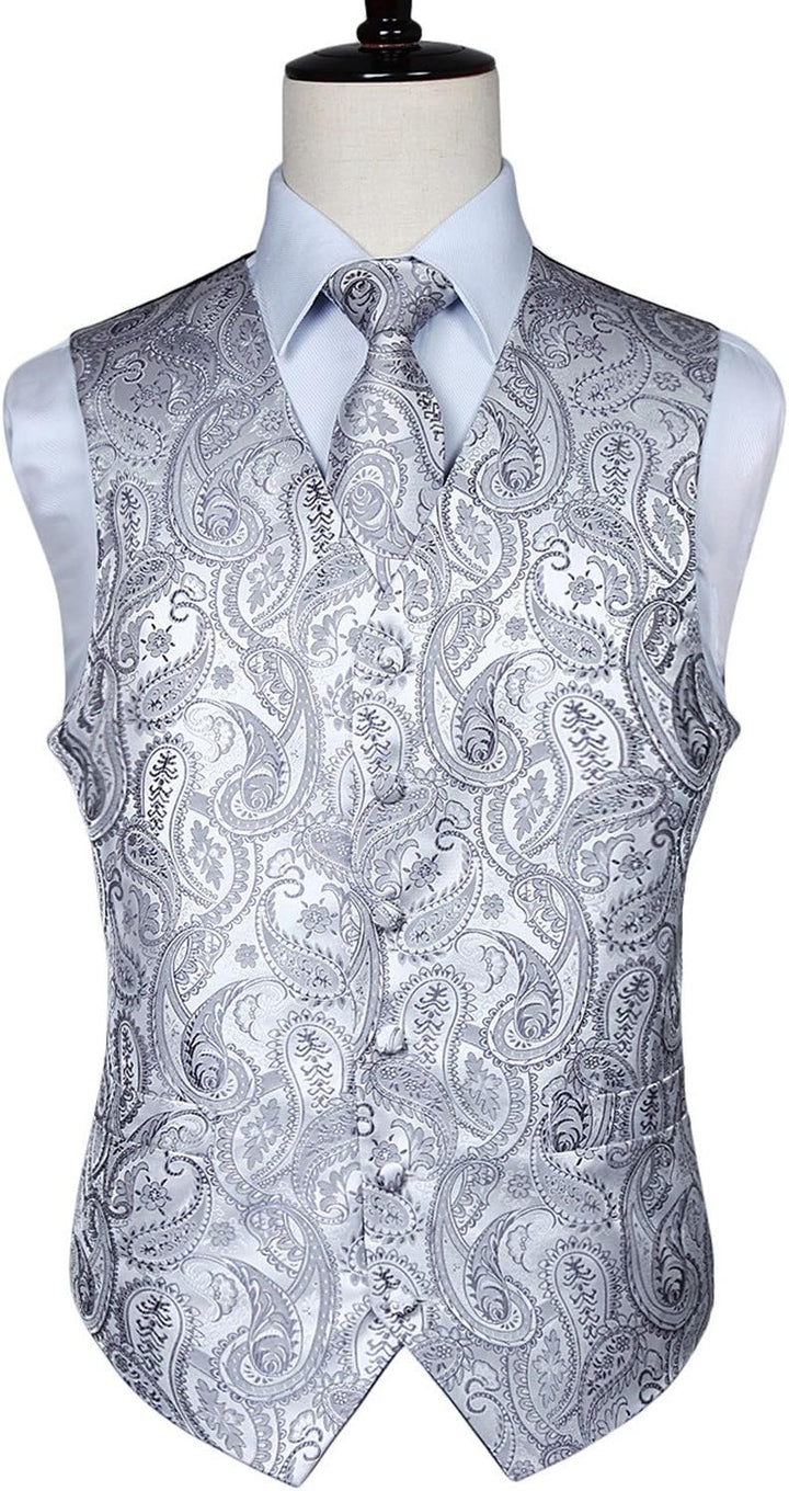 HISDERN Herren FLoral Hochzeit Weste Krawatte Einstecktuch Taschentuch Jacquard Weste Anzug Set XS G