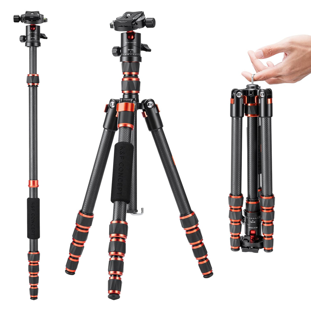 K&F Concept 152cm Carbon Stativ, Leichtes Tripod, Flexibles Kamera Stativ mit 360° Kugelkopf, 1/4''